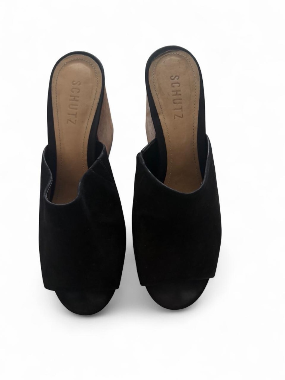 Schutz Size 9 Black Suede Peep Toe Mule Wood Block Heel Leather Minimalist Boho - Picture 3 of 9